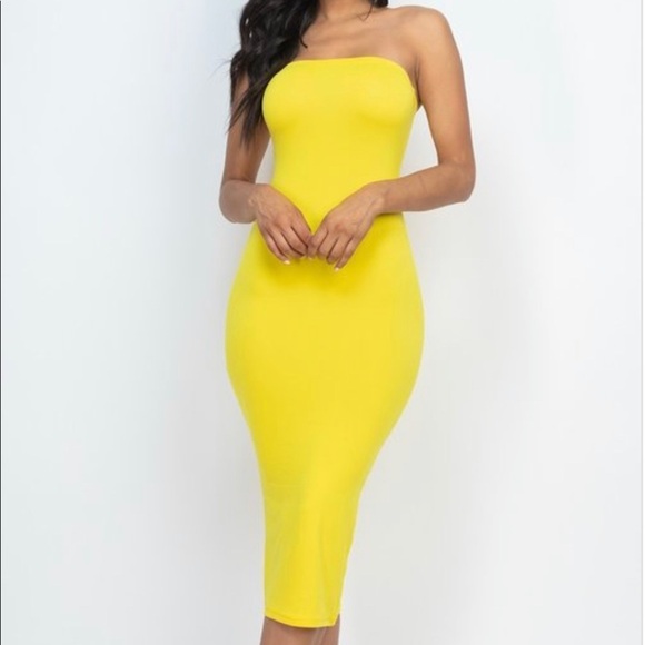 Yellow Off Shoulder Strapless Tube Top Bodycon Maxi Midi Dress - Picture 1 of 1